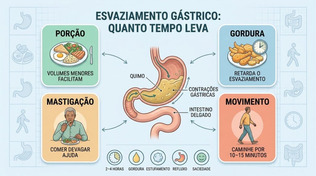 Volume, gordura, mastigação e movimento influenciam o tempo de esvaziamento gástrico.