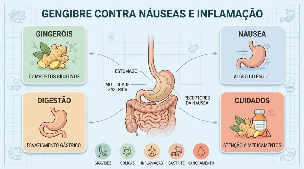 Gingeróis, digestão e cuidados resumem os principais usos e precauções do gengibre.