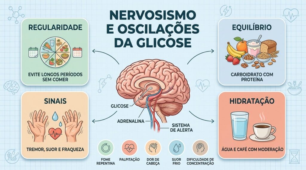 Quatro pilares relacionam horários, refeições, sinais físicos e hidratação às oscilações da glicose.