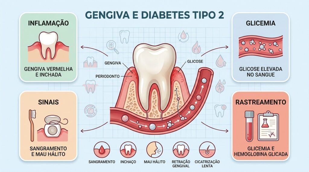 Sangramento, inflamação e cicatrização lenta podem acompanhar alterações metabólicas relacionadas ao diabetes tipo 2.