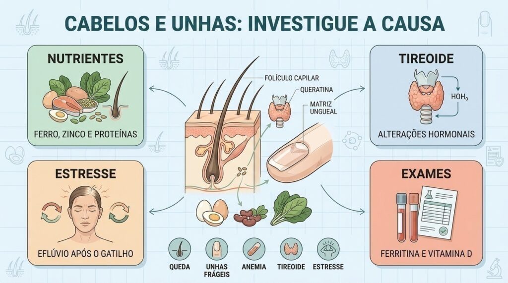 Cabelos e unhas refletem nutrientes, hormônios, estresse e condições que precisam de investigação adequada.