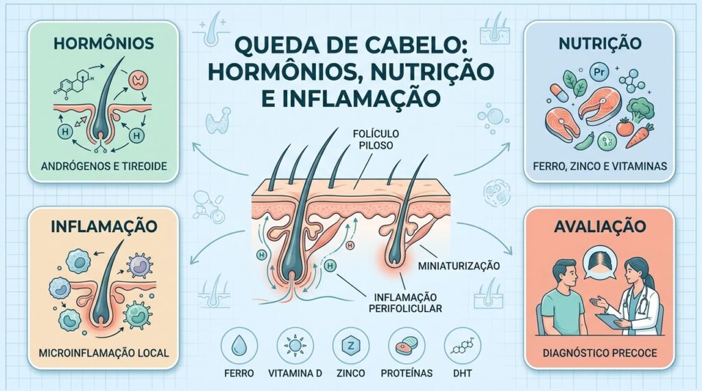 Hormônios, nutrientes e microinflamação atuam juntos na progressão de diferentes tipos de queda capilar.