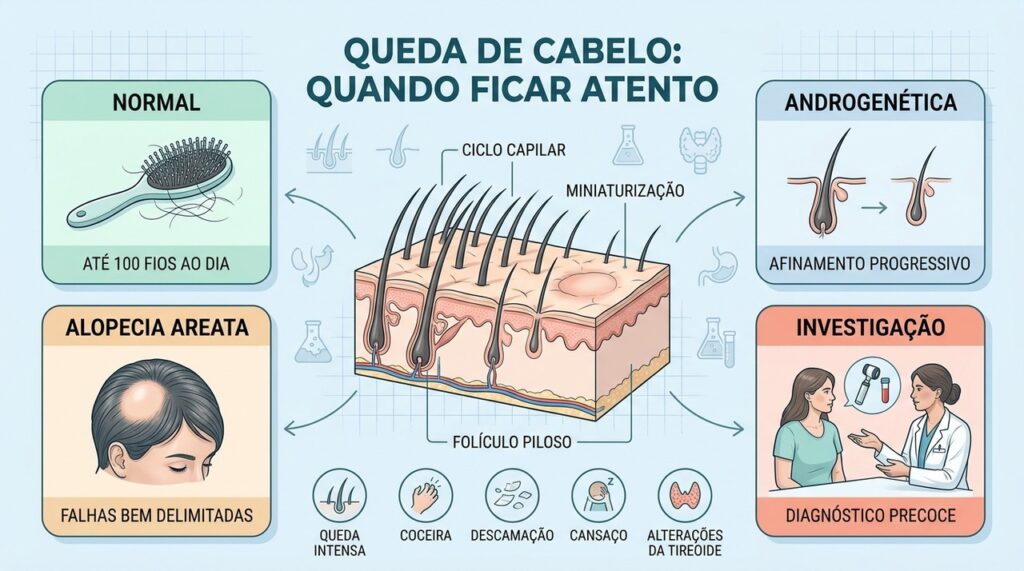 Quantidade, padrão da queda e sintomas associados ajudam a definir quando investigar o couro cabeludo.
