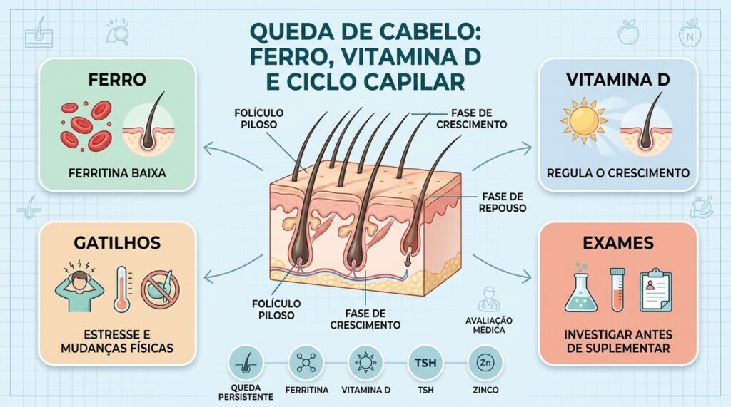 Ferro, vitamina D, gatilhos e exames orientam a investigação da queda capilar persistente.