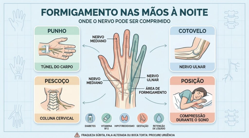 Punho, cotovelo, pescoço e posição ao dormir explicam causas frequentes de formigamento.