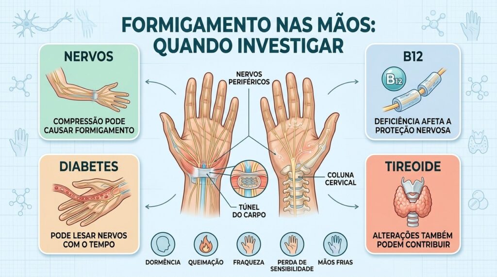 Compressão nervosa, diabetes, deficiência de B12 e tireoide estão entre possíveis causas.