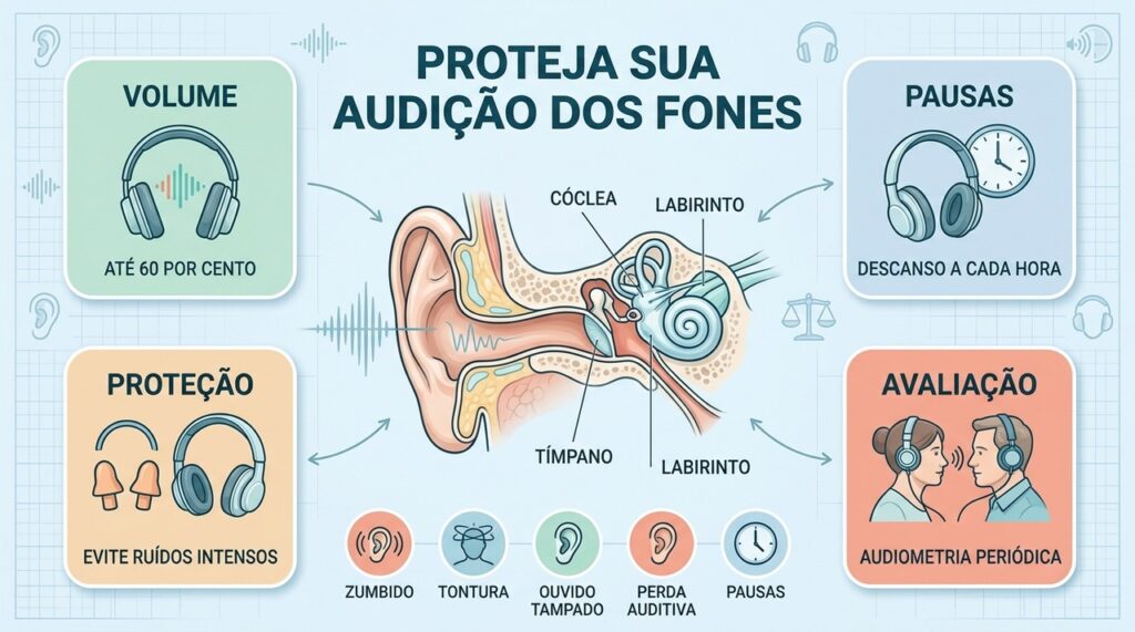 Volume moderado, pausas e proteção ajudam a reduzir danos auditivos causados pelos fones.