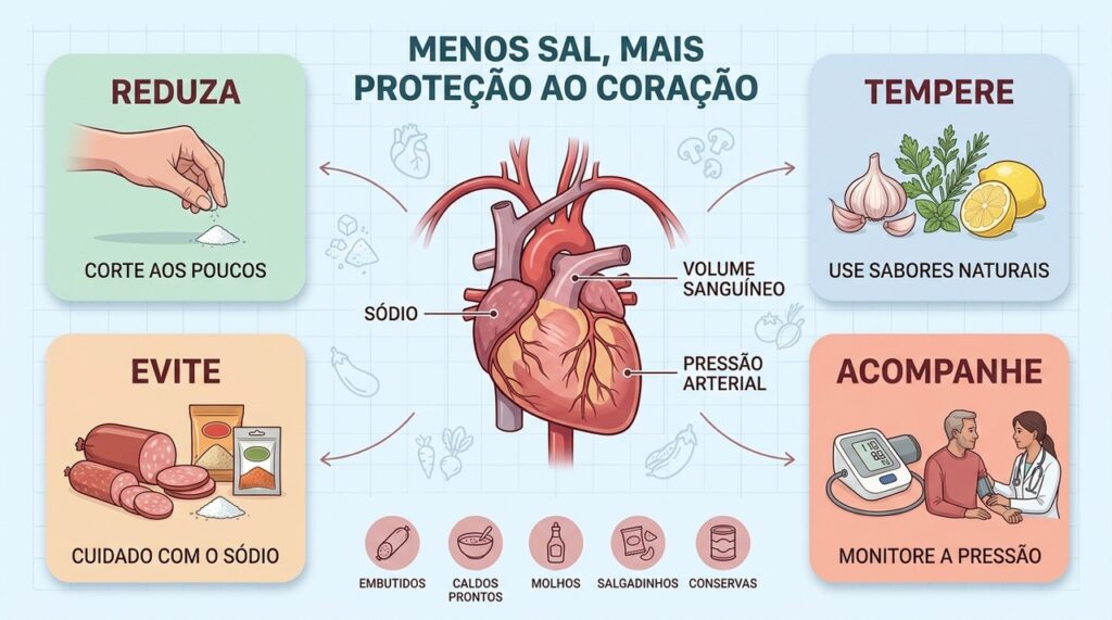 Redução gradual, temperos naturais, menos industrializados e controle da pressão protegem o coração.