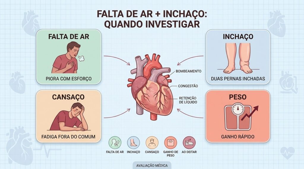 Falta de ar, inchaço, cansaço e ganho de peso podem indicar retenção de líquido.