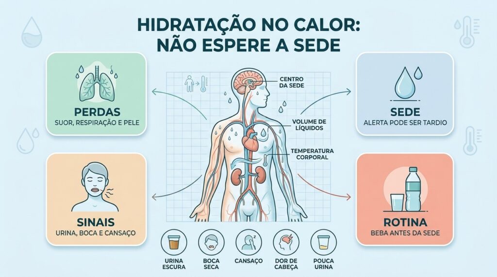 Sede tardia, perdas pelo calor e sinais simples orientam uma hidratação mais preventiva.
