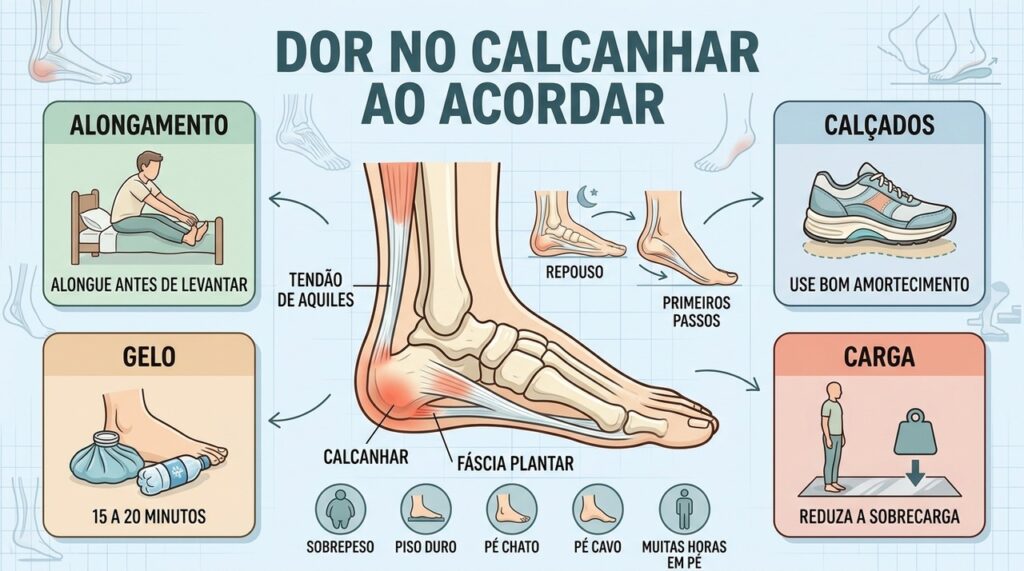 Alongamento, calçados, gelo e controle de carga ajudam na fascite plantar.