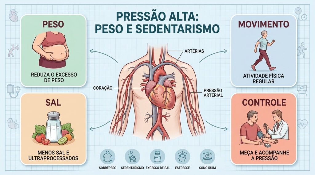 Quatro pilares ajudam no controle da pressão: peso, movimento, menos sal e acompanhamento regular.