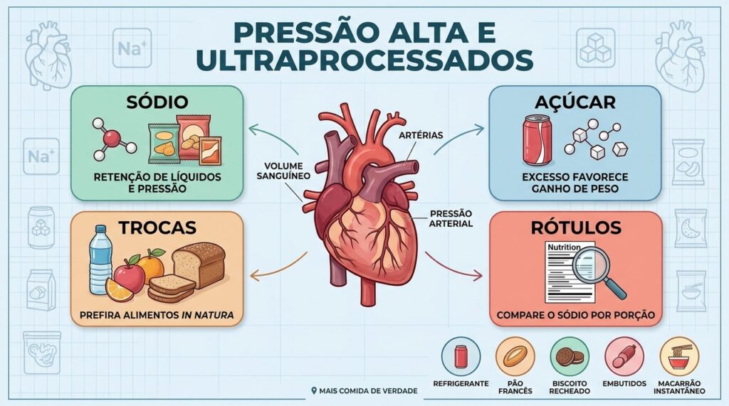Sódio, açúcar, rótulos e substituições simples orientam escolhas alimentares mais favoráveis à pressão.