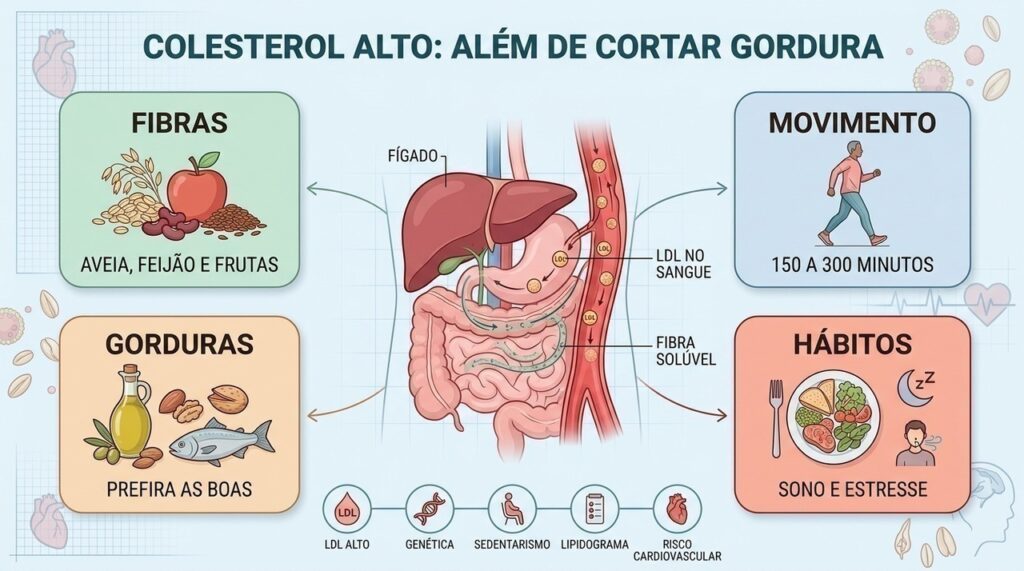Fibras, movimento, gorduras boas e hábitos saudáveis complementam o controle do colesterol alto.
