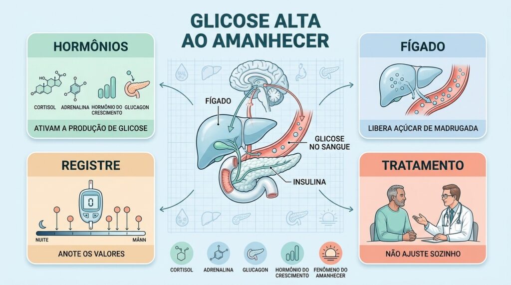 Hormônios matinais, fígado, insulina e registros ajudam a explicar a glicose elevada ao acordar.