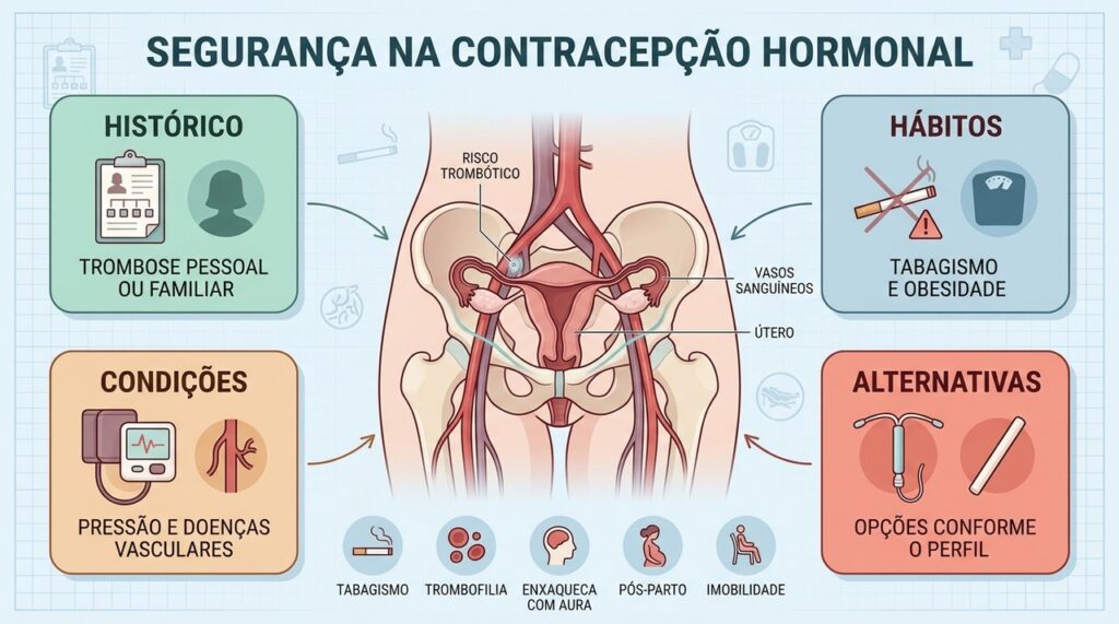Histórico, hábitos e condições clínicas ajudam a orientar escolhas contraceptivas mais seguras e individualizadas.