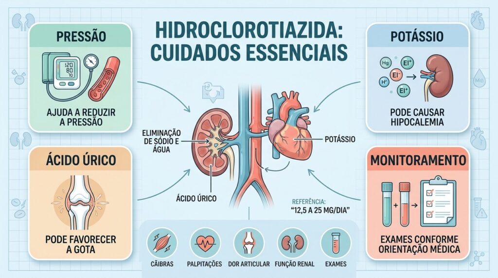 Potássio, ácido úrico, pressão e função renal merecem acompanhamento durante o tratamento.