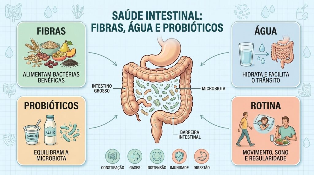 Fibras, água, probióticos e rotina equilibrada sustentam a regularidade e o equilíbrio intestinal.