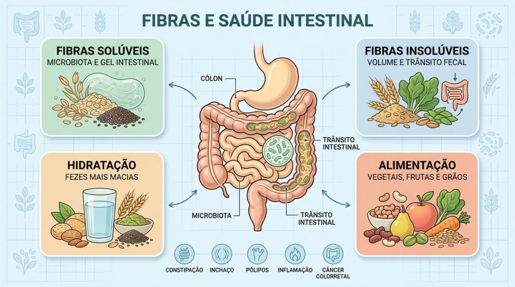 Quatro pilares mostram como fibras, água, microbiota e alimentação protegem a saúde intestinal.