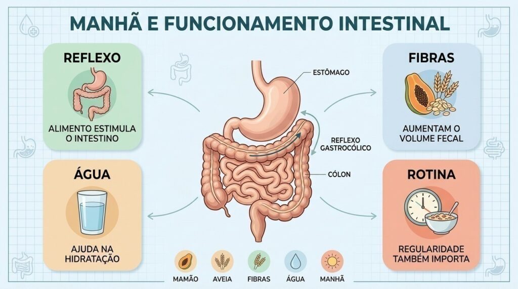 O reflexo gastrocólico, fibras, água e regularidade ajudam a explicar o efeito matinal.