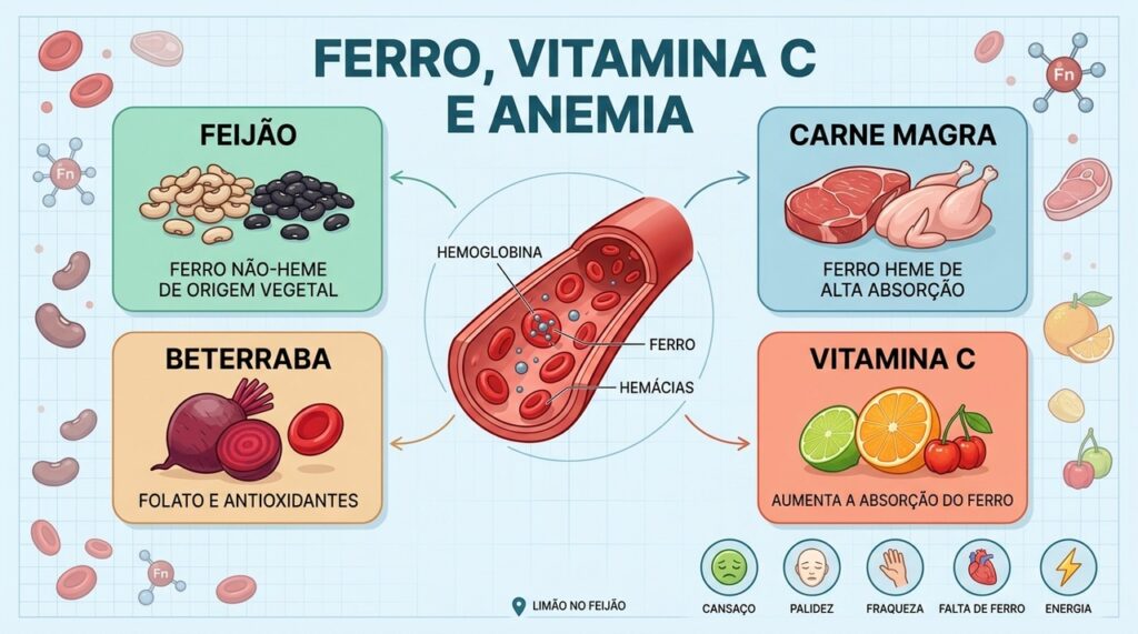 Ferro heme, ferro vegetal, folato e vitamina C formam os pilares nutricionais contra anemia.