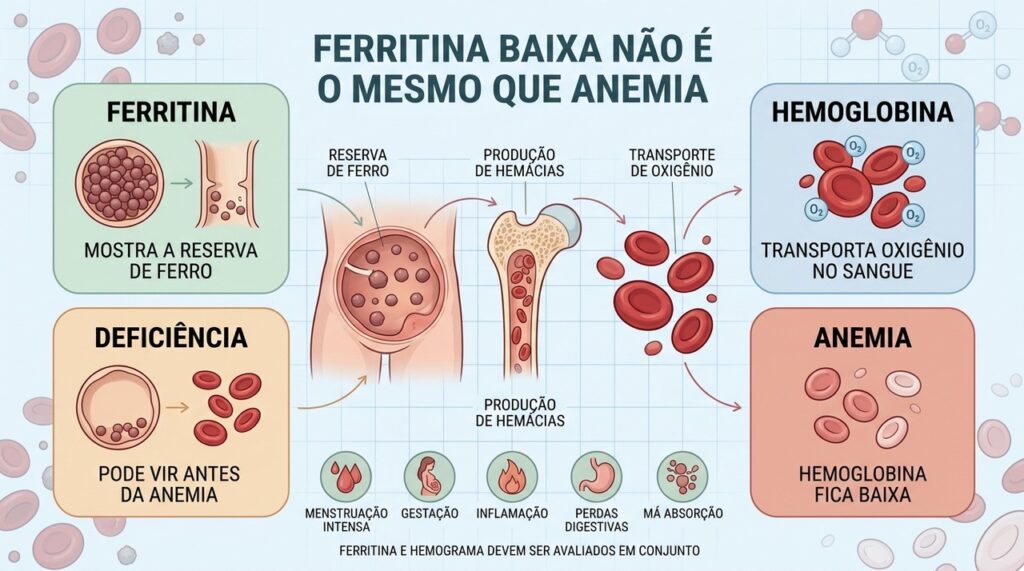 Ferritina mede reservas; hemoglobina baixa indica quando a deficiência já causou anemia.