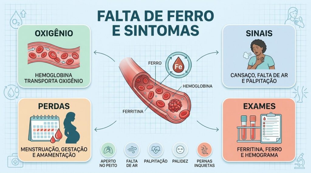 Ferritina, hemograma e sinais físicos ajudam a investigar deficiência de ferro antes da anemia.
