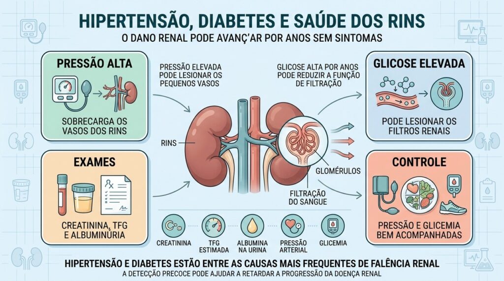 Pressão, glicemia e exames renais ajudam a identificar danos antes dos sintomas.