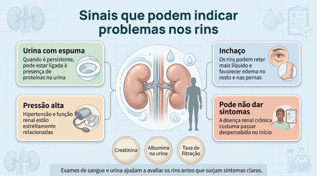 Alterações na urina, no inchaço e na pressão podem ser pistas, mas a avaliação dos rins depende de exames.