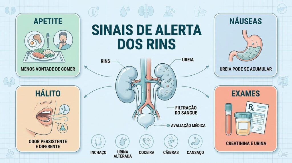 A combinação de sintomas digestivos, alterações urinárias e cansaço pode sinalizar redução da função renal.