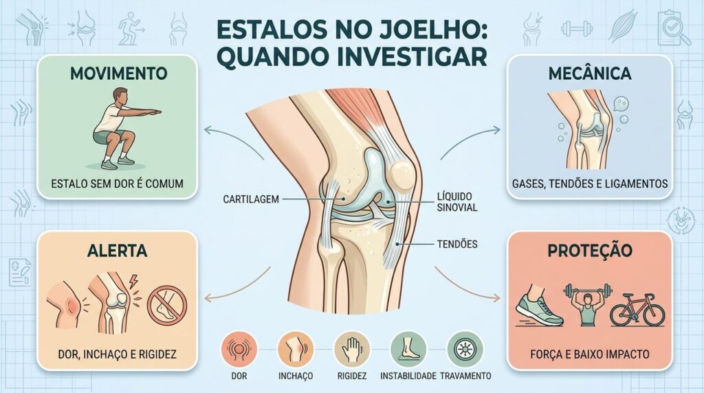 Estalos sem sintomas costumam ser benignos; dor, inchaço e travamento exigem investigação.