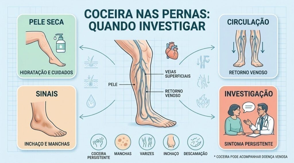 Coceira persistente, manchas, inchaço e varizes podem acompanhar alterações na circulação venosa.