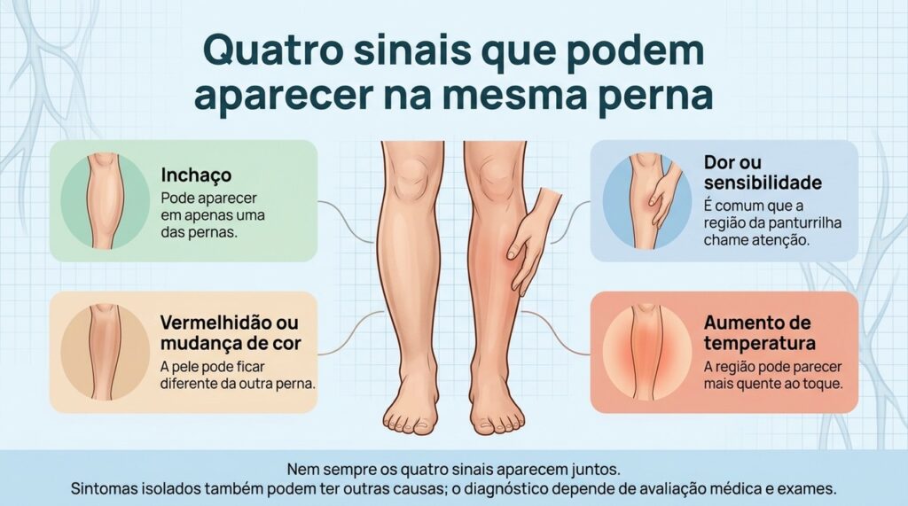Os quatro sinais mais associados à TVP podem surgir de forma combinada, mas os sintomas sozinhos não fecham o diagnóstico.
