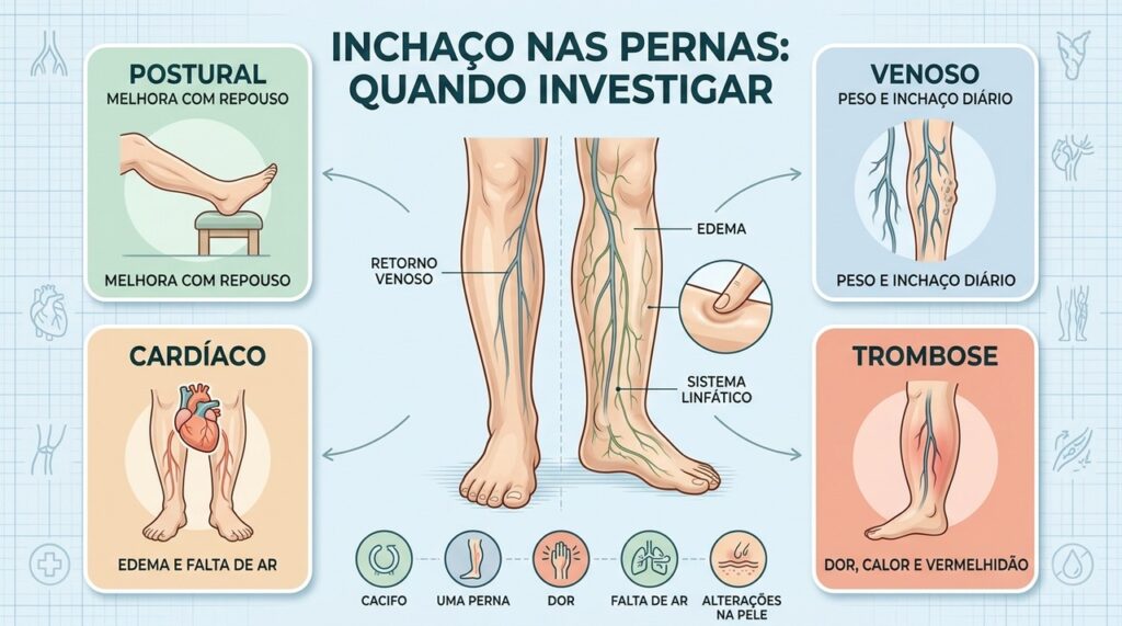 O padrão do edema ajuda a diferenciar cansaço, insuficiência venosa, problemas cardíacos, renais ou trombose.