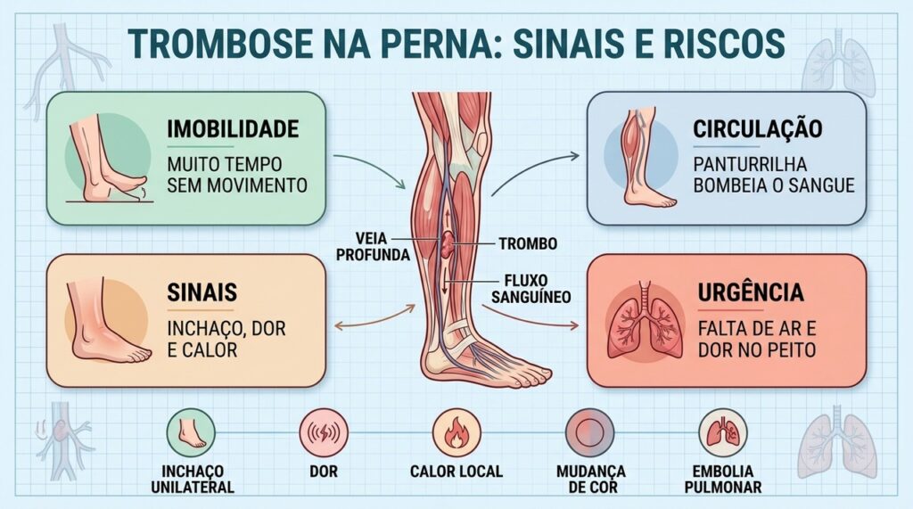 Imobilidade reduz o fluxo venoso e pode favorecer coágulos nas veias profundas da perna.
