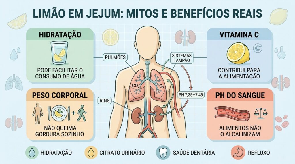 Limão ajuda na hidratação, enquanto pulmões e rins mantêm o pH sanguíneo.