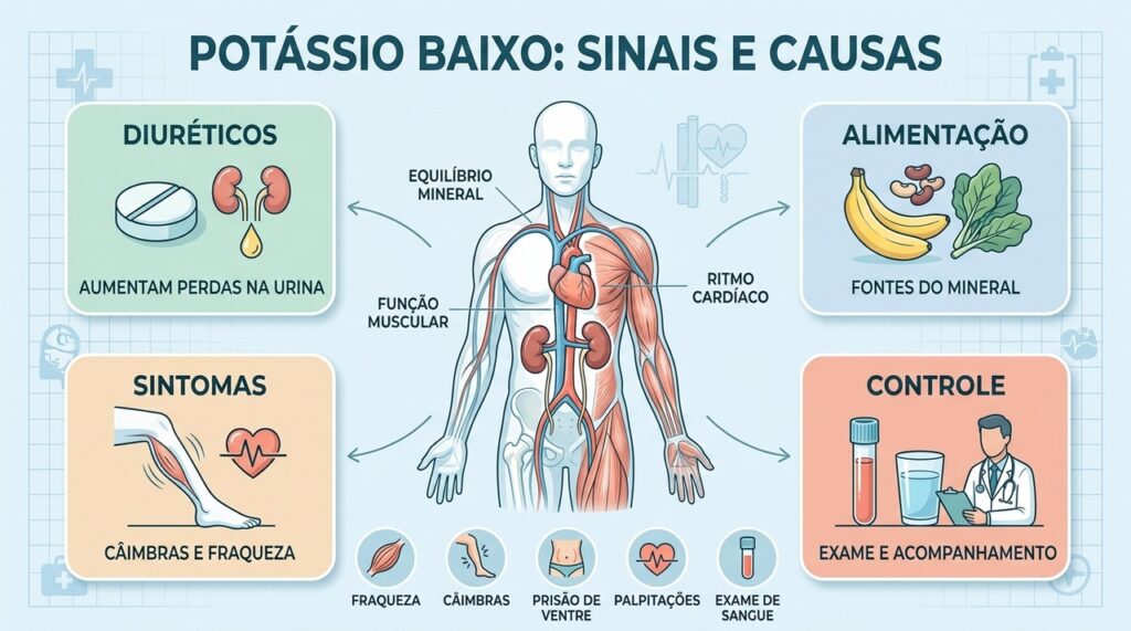 Diuréticos, perdas digestivas e alimentação influenciam o potássio; exames confirmam alterações.