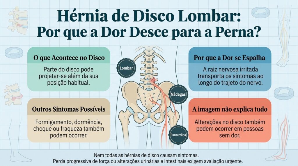 A dor pode descer pela perna quando a hérnia irrita uma raiz nervosa, mas muitos casos melhoram sem cirurgia.