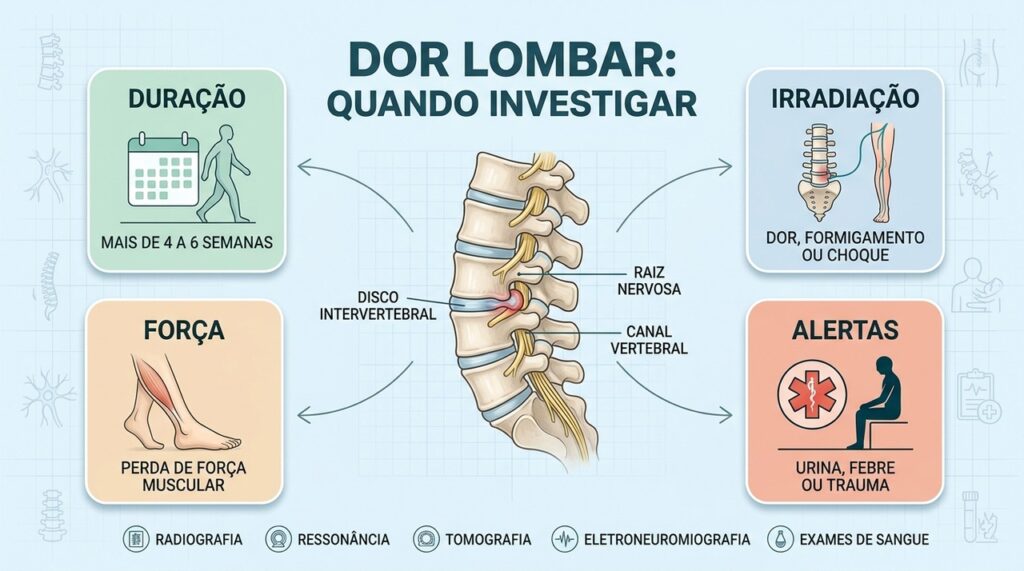 Duração, sintomas neurológicos e sinais de alerta orientam a investigação da dor lombar.