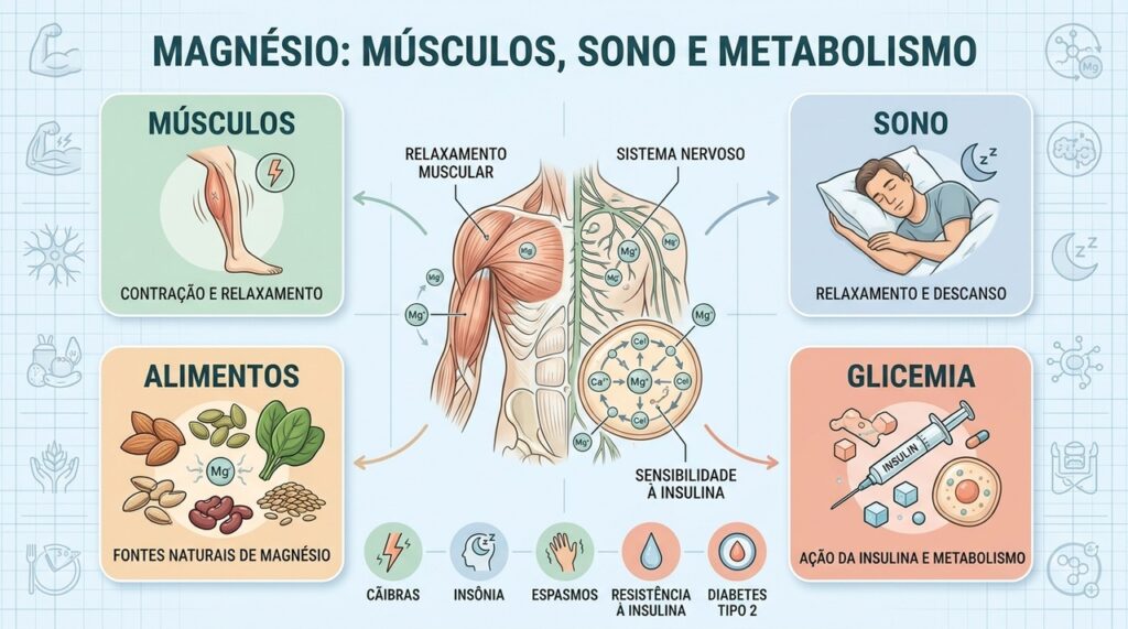 Quatro frentes mostram como o magnésio participa dos músculos, sono e controle glicêmico.