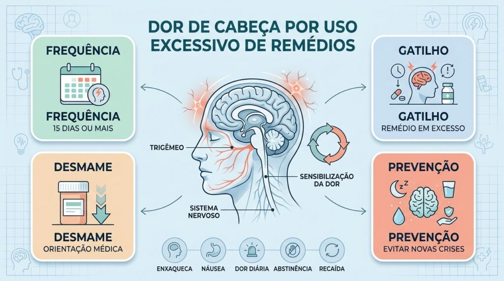 Frequência, desmame orientado e prevenção ajudam a interromper a cefaleia por uso excessivo.