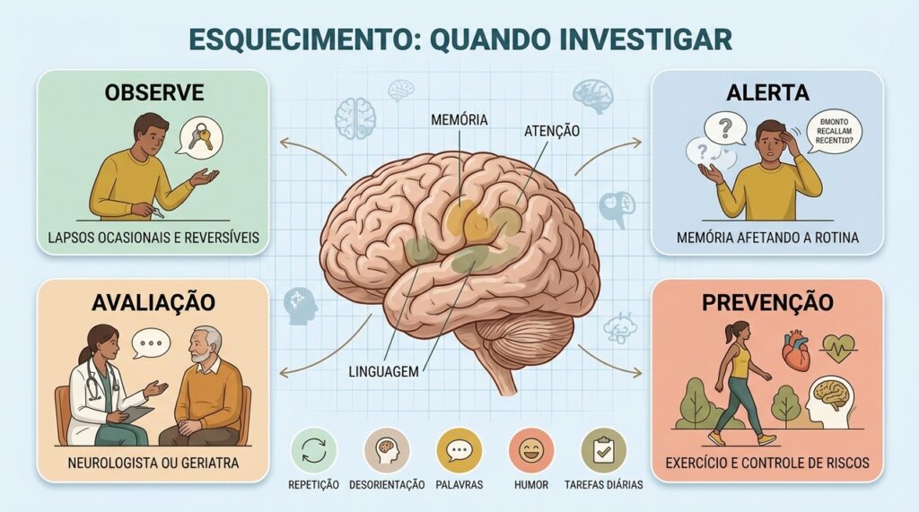 Sinais de alerta, impacto na rotina e avaliação especializada ajudam a diferenciar lapsos de alterações cognitivas.