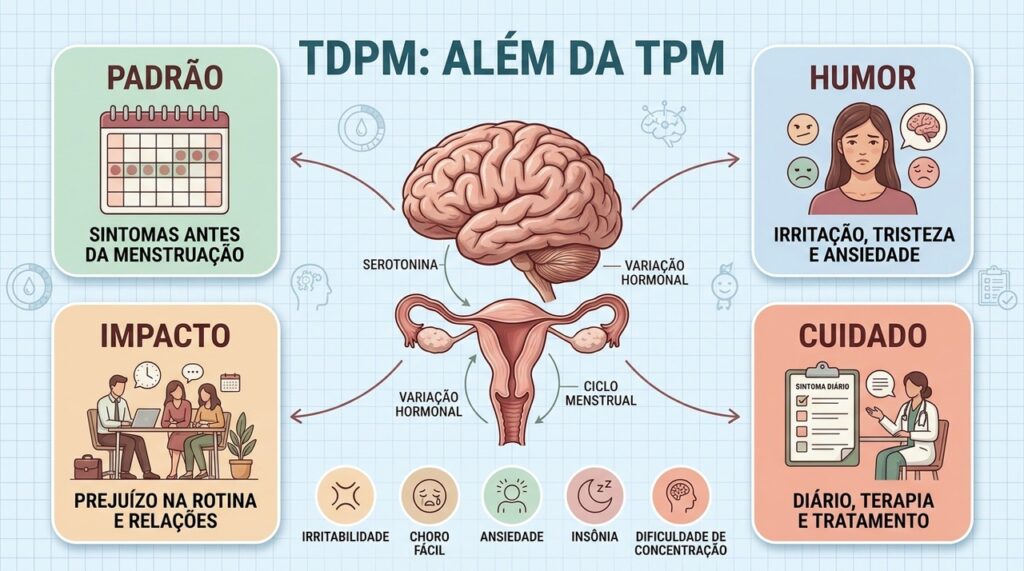 Diário do ciclo, sintomas emocionais e impacto na rotina orientam a avaliação do TDPM.