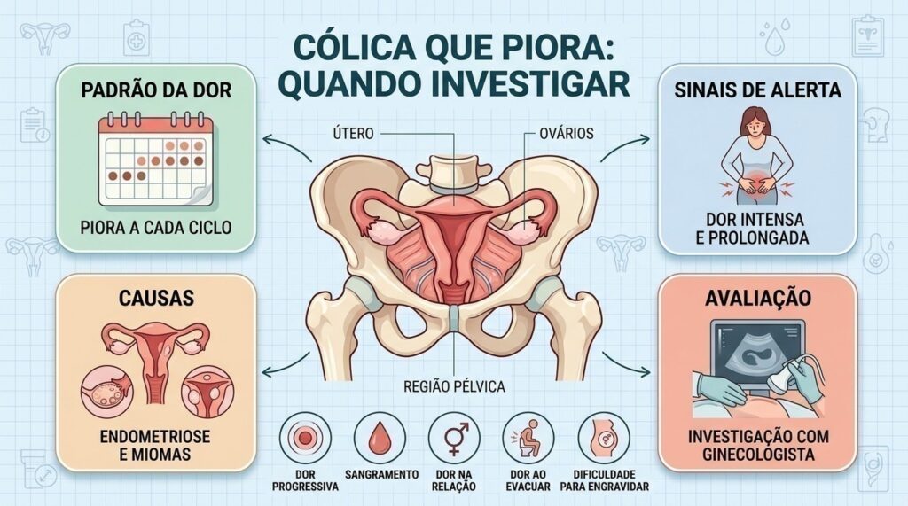 Dor progressiva, sangramento e sintomas pélvicos ajudam a identificar quando buscar avaliação ginecológica.