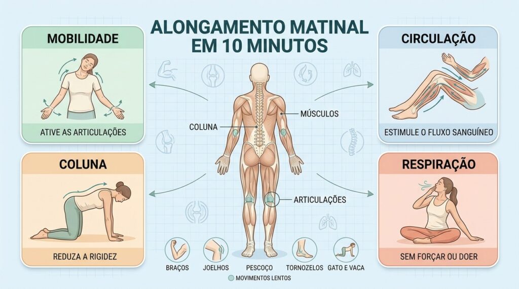 Dez minutos combinam mobilidade, circulação, respiração e movimentos suaves para começar o dia.