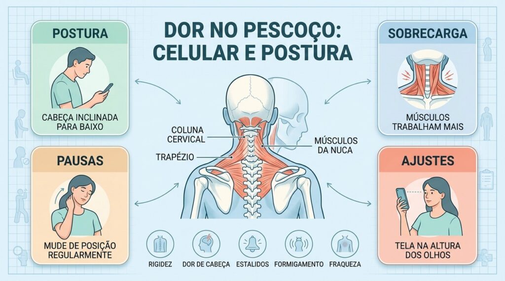 Postura, pausas e ajustes na tela ajudam a reduzir a sobrecarga cervical.
