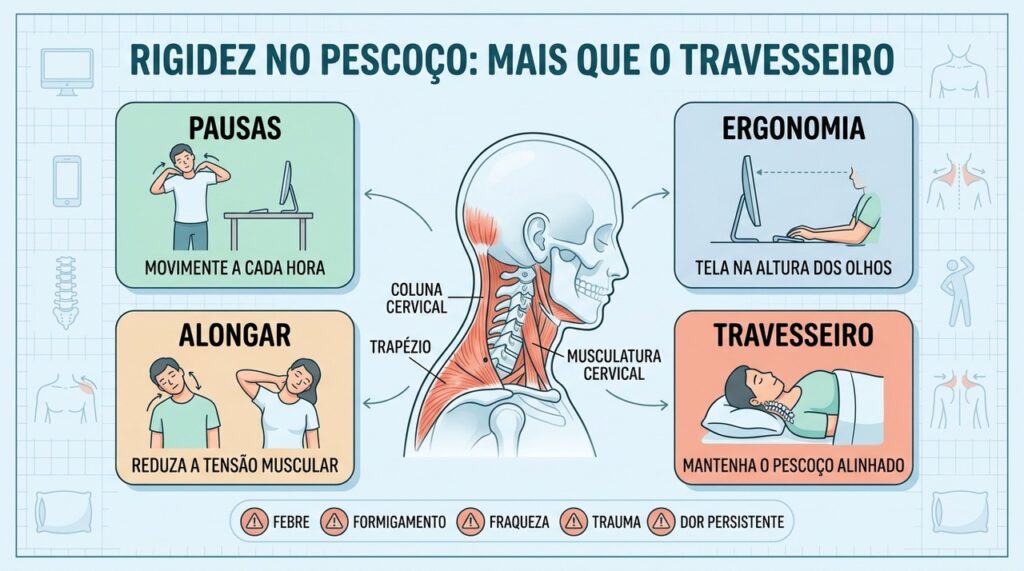 Pausas, ergonomia, alongamento e alinhamento ajudam a reduzir a rigidez cervical.