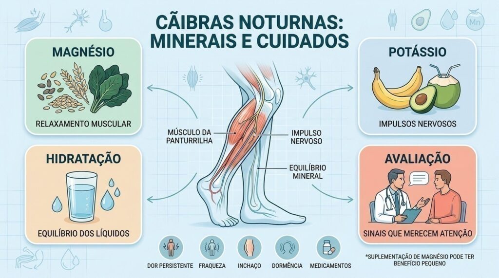 Magnésio, potássio, hidratação e sinais de alerta ajudam a compreender cãibras noturnas.