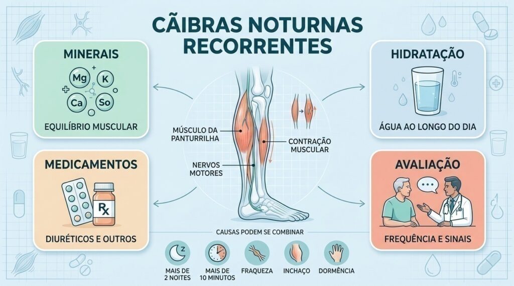 Minerais, hidratação, medicamentos e frequência dos episódios ajudam a investigar cãibras recorrentes.