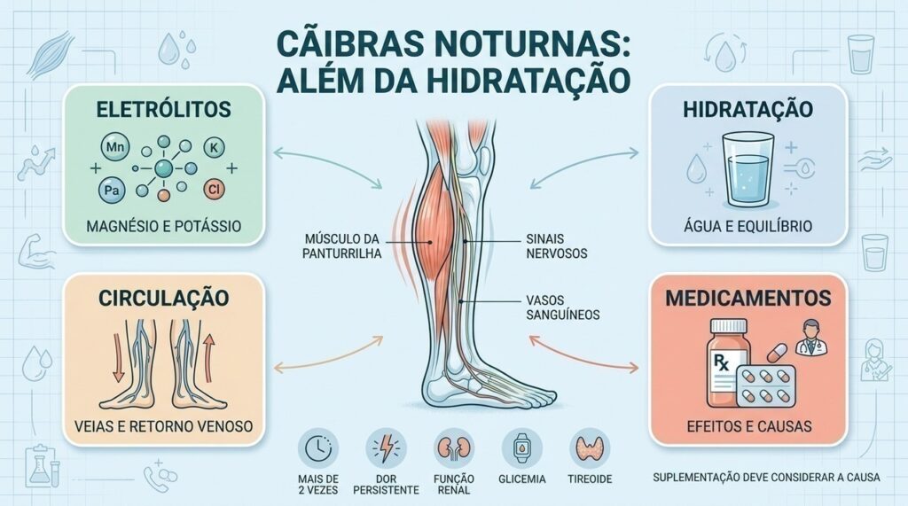 Minerais, hidratação, circulação e medicamentos podem participar das causas das cãibras noturnas recorrentes.